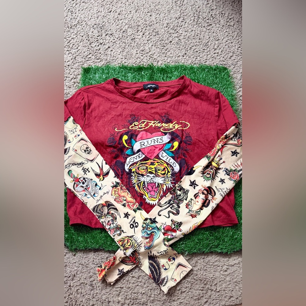 Ed Hardy Red and Cream Graphic‎ Long Sleeve Tee Size XL